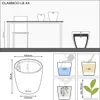 Diagrams showing dimensions, water capacity, soil capacity, and plant height for a planter. Produktbild-Vorschau