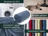 A collage of images showcasing a blue blanket and its features, including washing instructions, suitability for allergy sufferers, and color options. Produktbild-Vorschau