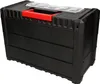 A black plastic toolbox with a red handle and a clear lid, shown from a slightly elevated side angle against a white background. Produktbild-Vorschau