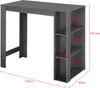 A dark gray bar table with integrated shelving, shown with dimensions indicated by red lines and text. Produktbild-Vorschau