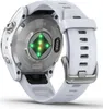 The back of a white Garmin Epix Pro smartwatch with a silver metal casing and a white silicone strap. Náhľad obrázku produktu