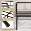 Close-up shots of a black metal bed frame, highlighting specific features with German text labels. Voir les images du produit