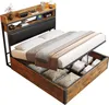 A bed with a storage compartment underneath and a headboard with shelves. Voir les images du produit