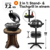 A product image showing a grill in two configurations: on a wooden stool as a table grill, and on its stand as a freestanding grill. Dimensions and weight are indicated. Produktbild-Vorschau