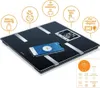 A black digital scale with a smartphone placed on it, surrounded by feature callouts. Produktbild-Vorschau