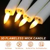 Close-up of several LED flameless candles with glowing yellow wicks against a dark background. Text and icons are displayed below the candles. Produktbild-Vorschau