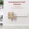 A white electric shoe dryer mounted on a wall, with two shoes hanging on it. The dryer has a white cable extending from the right side. Produktbild-Vorschau