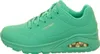 A side view of a single turquoise Skechers sneaker with gold accents. Voir les images du produit