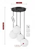 A diagram of a black pendant light fixture with four white glass globe shades, showing dimensions and technical specifications. Produktbild-Vorschau