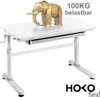 A white adjustable desk with a golden elephant figurine on top, and text indicating weight capacity and brand. Produktbild-Vorschau