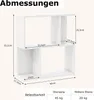 A diagram showing the dimensions and load capacity of a white bookshelf. Produktbild-Vorschau