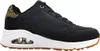 A side view of a black Skechers sneaker with leopard print accents. Voir les images du produit