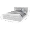 A white upholstered bed with grey bedding and pillows, shown with dimensions indicated by measurement lines and text. Produktbild-Vorschau
