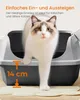 A cat is stepping out of a litter box, with a measurement indicating the height of the entry. Produktbild-Vorschau