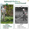 Split image showing a woman using a cordless trimmer on the left and an older man struggling with a corded trimmer on the right, with text highlighting benefits and drawbacks. Produktbild-Vorschau