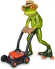 Eine witzige Darstellung einer Froschfigur, die einen Rasenmäher schiebt. Detailreich gestaltet. Produktbild-Vorschau