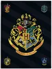 The image displays the Hogwarts crest and the crests of the four houses of Hogwarts, set against a dark, striped background. This is likely marketing material for Harry Potter merchandise. Anteprima dell’immagine prodotto