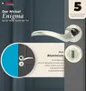 A close-up marketing image of a silver door handle set, with text overlays highlighting features and warranty. Produktbild-Vorschau