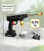 A cordless pressure washer with its accessories, with dimensions and weight indicated. Produktbild-Vorschau
