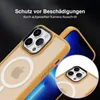 A close-up marketing image of a yellow iPhone case with a clear back, showing the camera lenses and the MagSafe ring. A smaller inset image highlights the camera protection. Produktbild-Vorschau