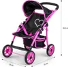 A pink and black doll stroller with a heart design, shown against a white background with dimensions indicated. Produktbild-Vorschau