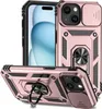 A rose gold iPhone 15 case with a sliding camera cover and a ring holder stand, shown from multiple angles. Produktbild-Vorschau