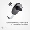 A close-up of a black and silver car air vent phone mount against a gradient background. Voir les images du produit