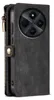 A close-up side view of a black leather wallet-style phone case for a smartphone, showing the camera module and a zipper. Produktbild-Vorschau