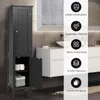 A black bathroom cabinet with its door open, showcasing its interior shelves, set in a modern bathroom with a sink and mirror in the background. Overlay icons and text highlight product features. Náhled obrázku produktu