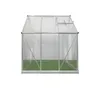 A greenhouse with a silver frame and clear panels, set against a white background. Produktbild-Vorschau