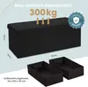 A black storage ottoman with text and measurements displayed. Produktbild-Vorschau