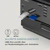 Close-up of a device's ports with a USB drive and SD card inserted, accompanied by icons and text explaining connectivity. Produktbild-Vorschau