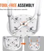 Close-up view of the base of a shower stool, illustrating its tool-free assembly mechanism with twist screws. Inset images show the assembly process. Podgląd zdjęcia produktu
