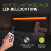 A bed with LED lighting in the headboard, a remote control, and feature callouts. Produktbild-Vorschau