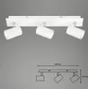 A white ceiling spotlight with three adjustable heads mounted on a white bar, shown against a plain gray background. A technical drawing with dimensions is displayed below the product. Produktbild-Vorschau
