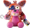 A plush toy of Foxy from Five Nights at Freddy's, with a tie-dye pattern, is shown sitting against a white background. A product tag is attached to its leg. Voir les images du produit