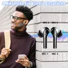 A man wearing glasses and a turtleneck is leaning against a brick wall, holding a smartphone. He is wearing wireless earbuds. The image also shows a close-up of two wireless earbuds with sound wave graphics and labels indicating microphone positions. Produktbild-Vorschau