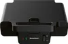 A black waffle maker is shown from the front on a white background. Produktbild-Vorschau