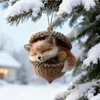 A cute fox figurine sleeping in an acorn ornament, hanging from a snow-covered pine branch. Produktbild-Vorschau
