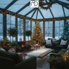 A cozy sunroom decorated for Christmas with a lit Christmas tree, festive lights, and seating. Podgląd zdjęcia produktu