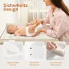 A mother is changing her baby on a changing table with a white wooden attachment. Below are close-up images of the product's features. Náhľad obrázku produktu
