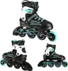 A collage of three images showing a pair of black inline skates with blue accents from different angles. Voir les images du produit