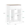 A diagram of a white and wood-colored storage unit with dimensions indicated by lines and text. Podgląd zdjęcia produktu