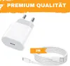 A white USB-C power adapter and a white coiled charging cable are shown against a white background. Produktbild-Vorschau