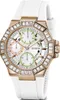 A close-up studio shot of a women's Guess watch with a white strap and rose gold casing. Náhľad obrázku produktu