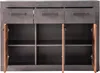 A front view of a gray dresser with three drawers and three cabinet doors, two of which are open to reveal shelves. Produktbild-Vorschau