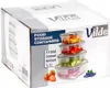A product box for Vilde food storage containers, showing a stack of containers filled with food and some fruit. Produktbild-Vorschau