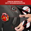 Close-up of a black car seat cover being installed using a zipper system, with illustrative diagrams. Produktbild-Vorschau
