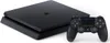 A black Playstation 4 Slim console and a black controller are shown against a white background. Produktbild-Vorschau