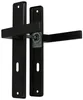 A black door handle set with mounting plates and screws, presented against a white background. Produktbild-Vorschau